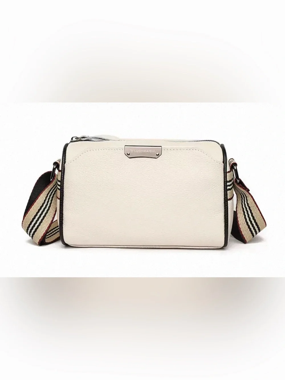 Off White Genuine Leather Crossbody Bag with Striped Strap